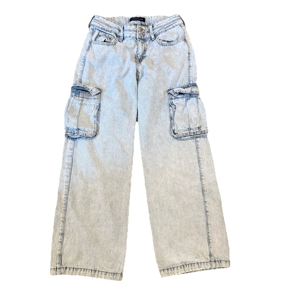 Aeropostale Women's S (2S) Lt. Wash Blue Denim Baggy Cargo Jeans Wide Leg 90s